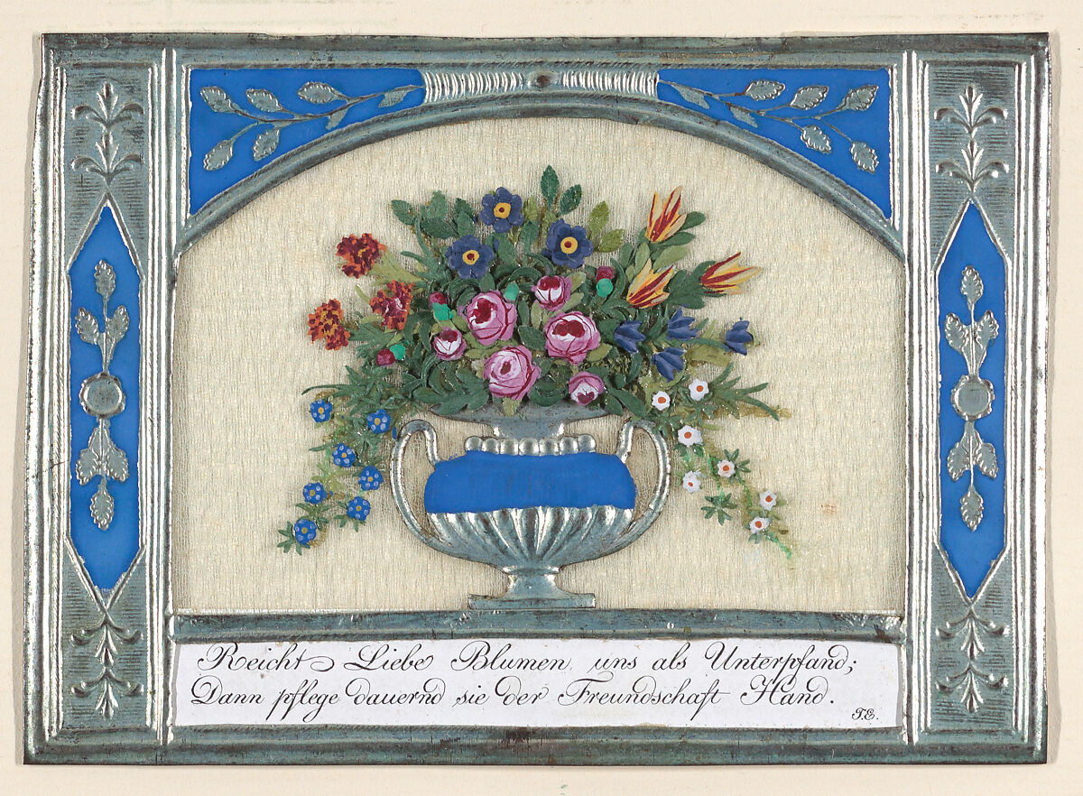 Greeting Card, Johannes Endletzberger (Austrian, 1782–1850), Silver embossed paper frame, handwritten motto on white card stock, silk chiffon, silver Dresden” urn scrap, tiny floral embellishments made of a clay-like material, watercolor, and graphite 