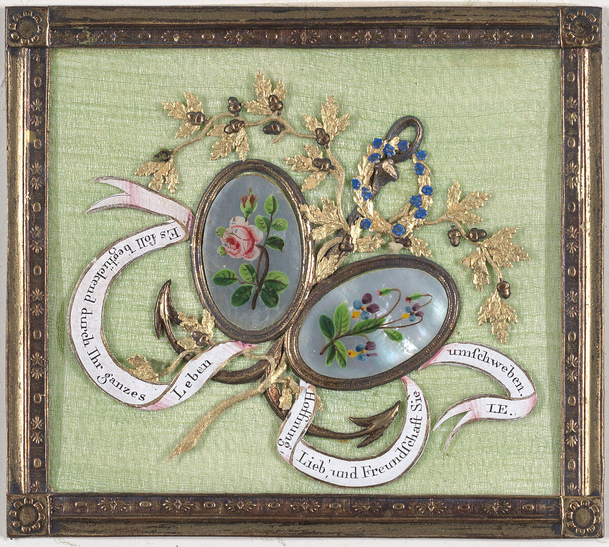 Greeting Card, Johannes Endletzberger (Austrian, 1782–1850), Silver embossed paper frame, handwritten motto on white card stock, silk chiffon, silver Dresden” urn scrap, tiny floral embellishments made of a clay-like material, watercolor, and graphite