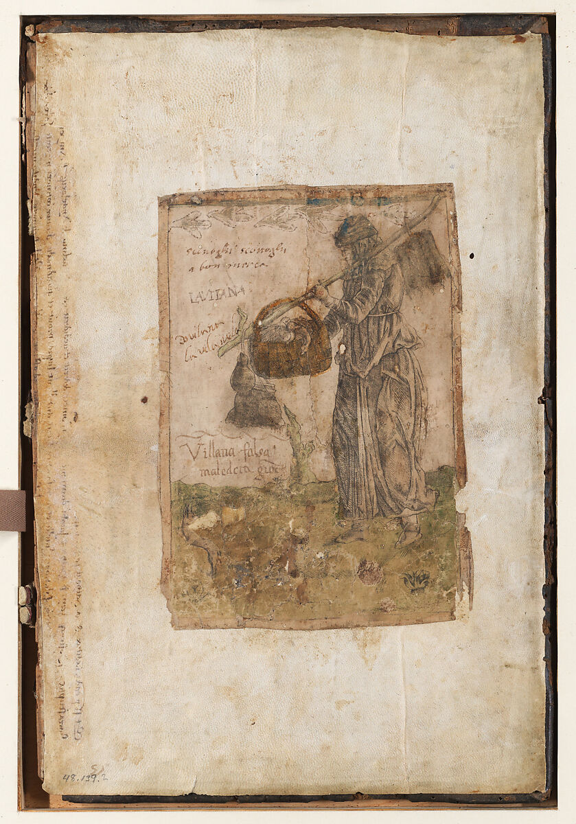 A peasant woman going to the market, Anonymous, Italian, 15th century, Engraving with hand colouring and manuscript additions throughout, pasted to the inside cover of a medical book 