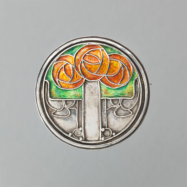 Round brooch with three Mackintosh styled roses in orange and green enamel, Attributed to Frances McNair (British (born Scotland), 1873–1921), Silver, enamel, Scottish, probably Glasgow 