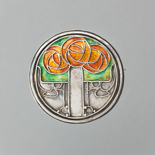 Round brooch with three Mackintosh styled roses in orange and green enamel