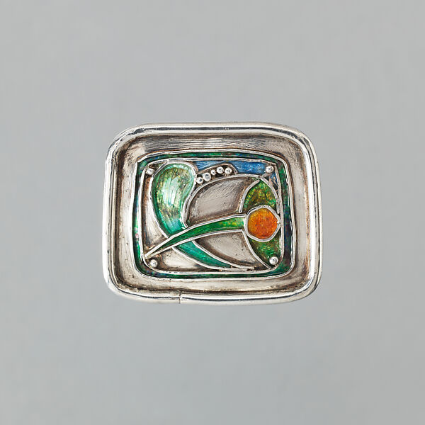 Rectangle brooch with stylized flower (?) in green, orange, blue enamel, Attributed to Frances McNair (British (born Scotland), 1873–1921), Silver, enamel, Scottish, probably Glasgow 