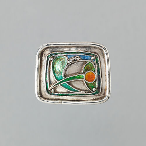 Rectangle brooch with stylized flower (?) in green, orange, blue enamel