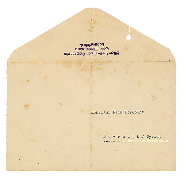 Envelope addressed to “Monsieur Faik Borcoche” from Baron von Oppenheim in 1937, Paper envelope with ink stamp and typewriter ink 