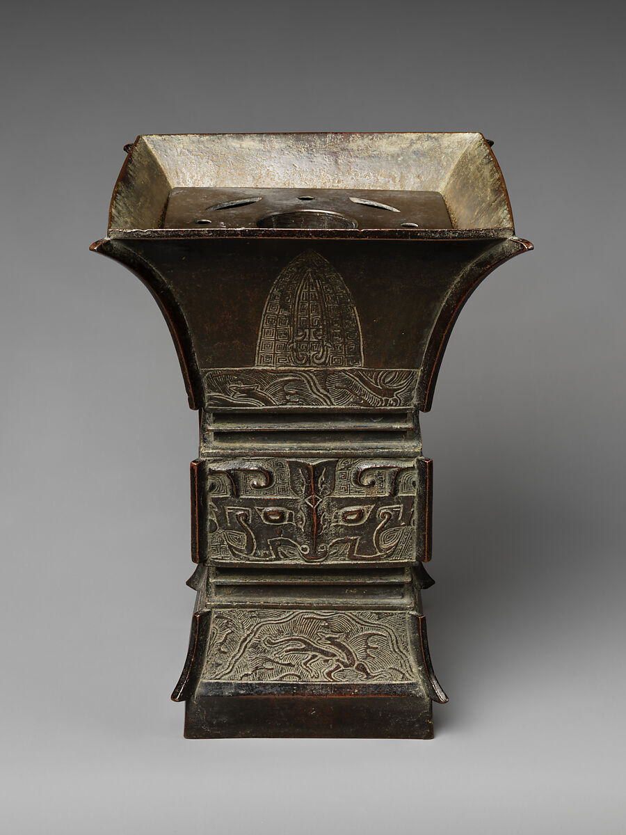 Square vase with archaic-style motifs (fangzun), Copper alloy, China