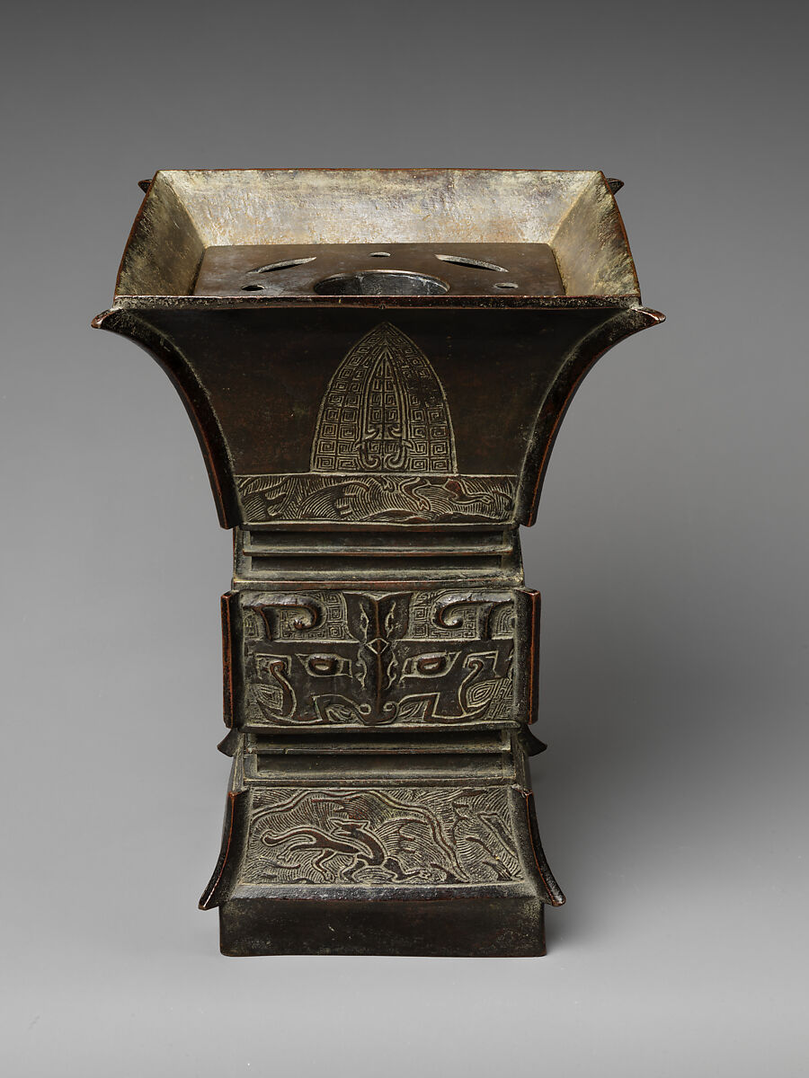 Square vase with archaic-style motifs (fangzun), Copper alloy, China