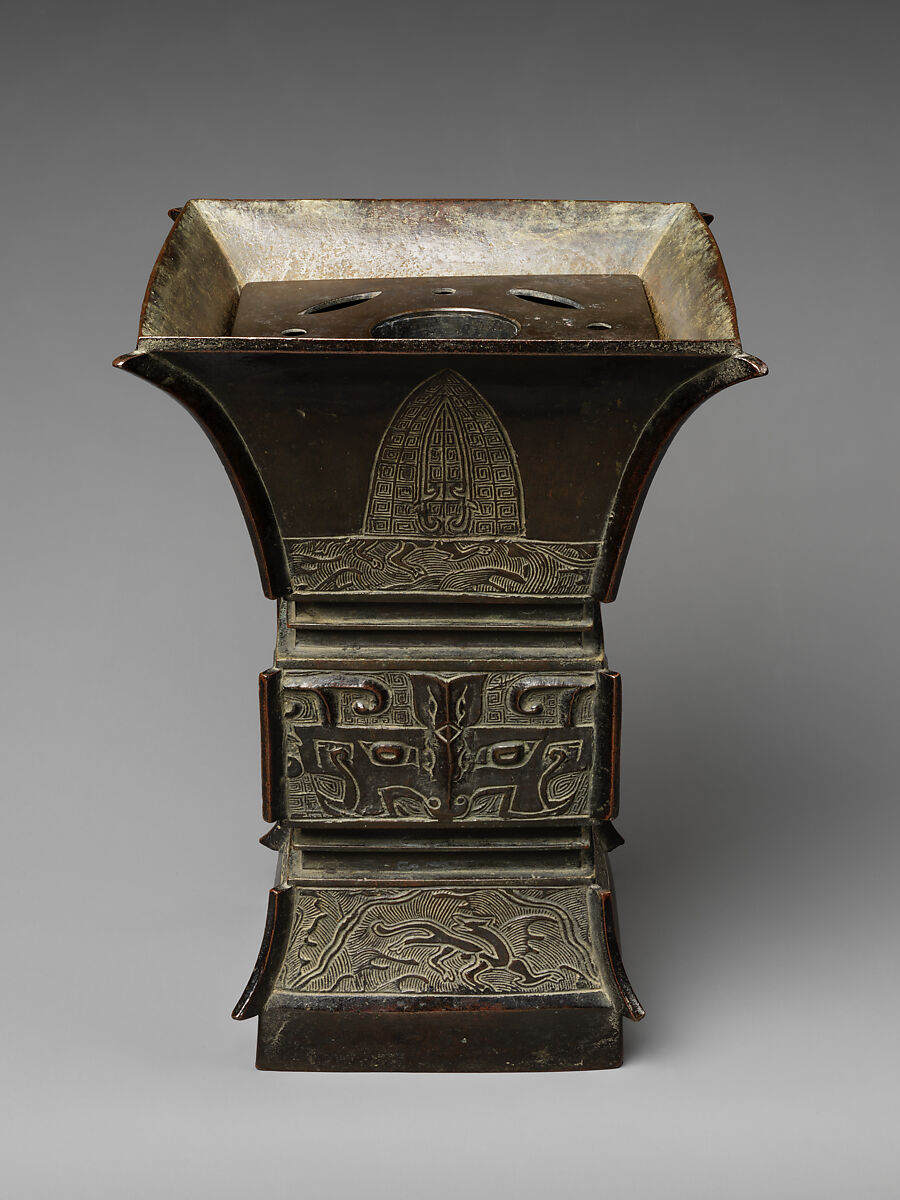 Square vase with archaic-style motifs (fangzun), Copper alloy, China