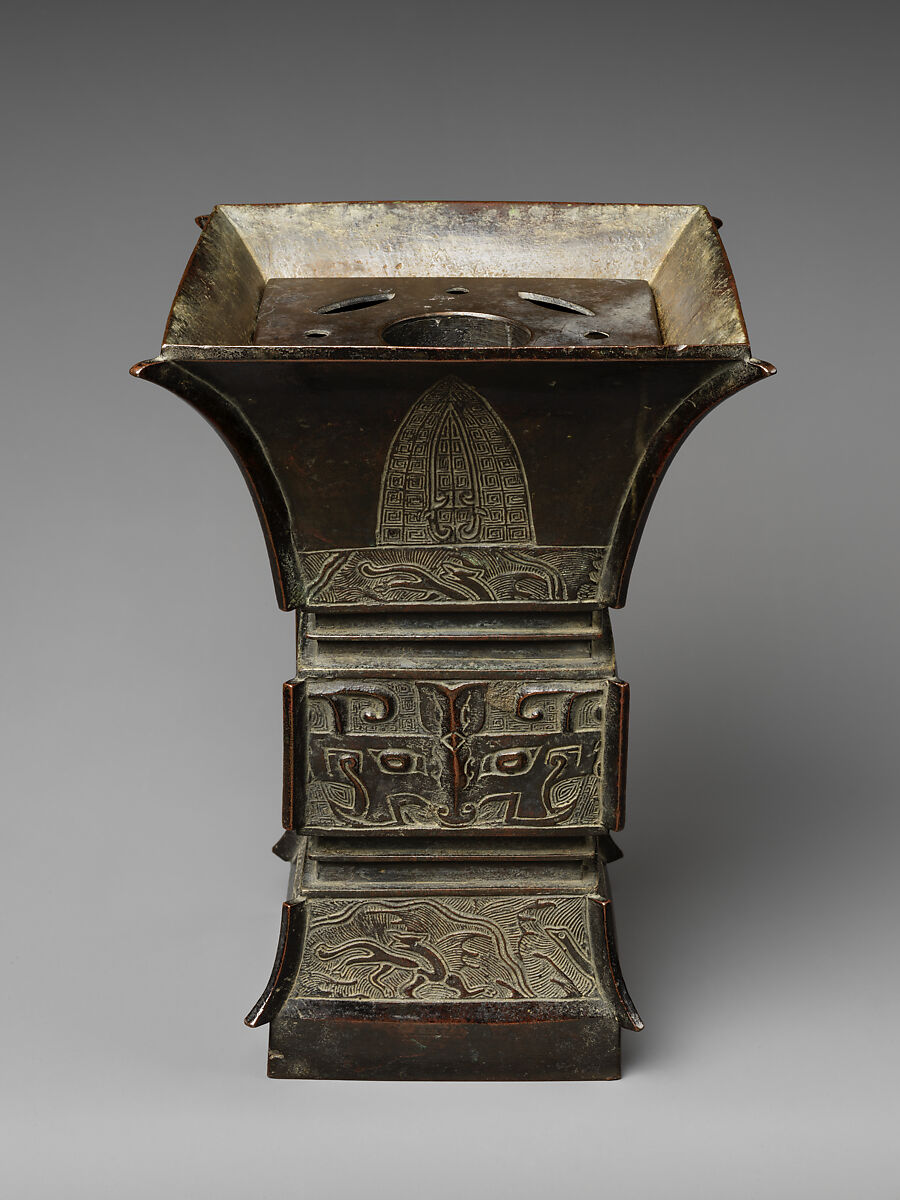 Square vase with archaic-style motifs (fangzun), Copper alloy, China
