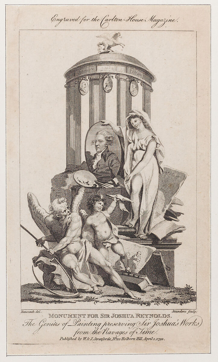 Monument for Sir Joshua Reynolds, from "Carlton House Magazine", John Saunders (British, active 1790–99), Etching and engraving 