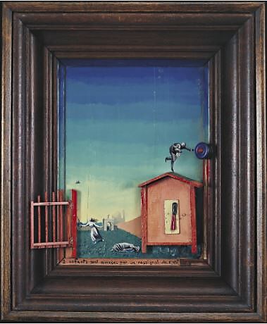 Deux enfants sont menacés par un rossignol (Two Children Are Threatened by a Nightingale), Max Ernst (French (born Germany), Brühl 1891–1976 Paris), Oil with painted wood elements and cut-and-pasted printed paper on wood with wood frame 
