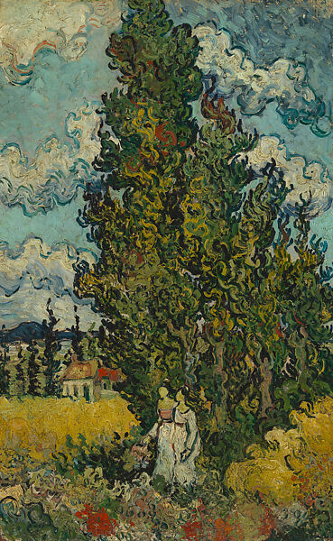 Cypresses and Two Women, Vincent van Gogh (Dutch, Zundert 1853–1890 Auvers-sur-Oise), Oil on canvas on panel 