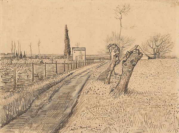 Landscape with Path and Pollard Willows, Vincent van Gogh (Dutch, Zundert 1853–1890 Auvers-sur-Oise), Pencil, pen, reed pen, and ink on wove paper 