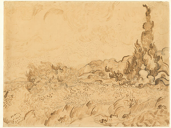 Wheatfield and Cypresses, Vincent van Gogh  Dutch, Pencil, reed pen, pen, and ink on paper