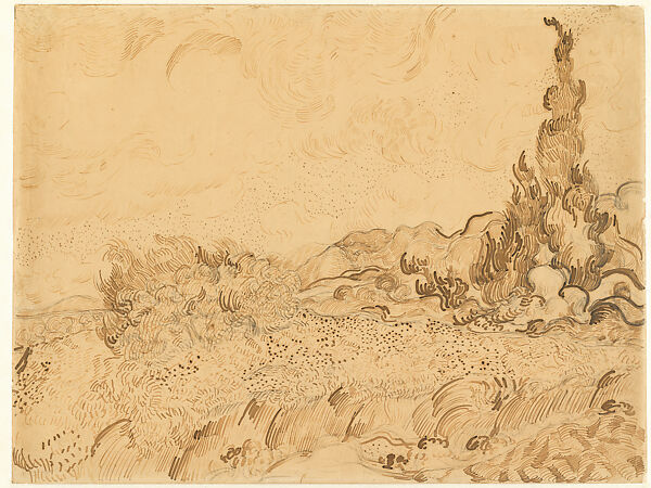 Wheatfield and Cypresses, Vincent van Gogh (Dutch, Zundert 1853–1890 Auvers-sur-Oise), Pencil, reed pen, pen, and ink on paper 