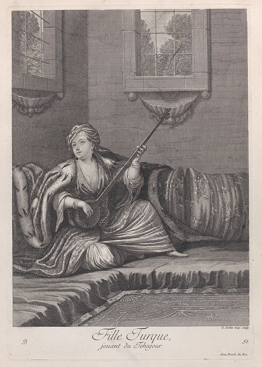 Fille Turque, jouant du Tehegour, plate 51 from "Recueil de cent estampes représentent differentes nations du Levant", After Jean Baptiste Vanmour (French, Valenciennes 1671–1737 Istanbul (Constantinople)), Etching and engraving 