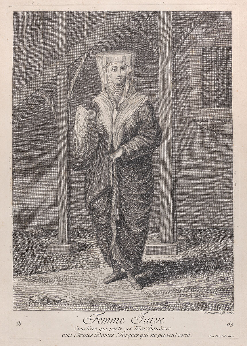 Femme Juive, Courtiere qui porte ses Marchandises aux Juenes Dames Turques qui ne peuvent sortir, plate 65 from "Recueil de cent estampes représentent differentes nations du Levant", After Jean Baptiste Vanmour (French, Valenciennes 1671–1737 Istanbul (Constantinople)), Etching and engraving 