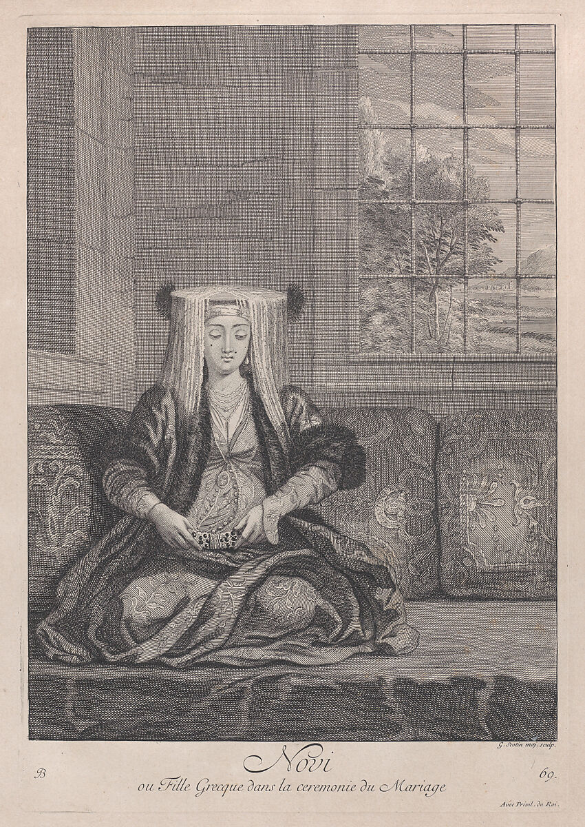 Novi, ou Fille Grecque dans la ceremonie du Mariage, plate 69 from "Recueil de cent estampes représentent differentes nations du Levant", After Jean Baptiste Vanmour (French, Valenciennes 1671–1737 Istanbul (Constantinople)), Etching and engraving 