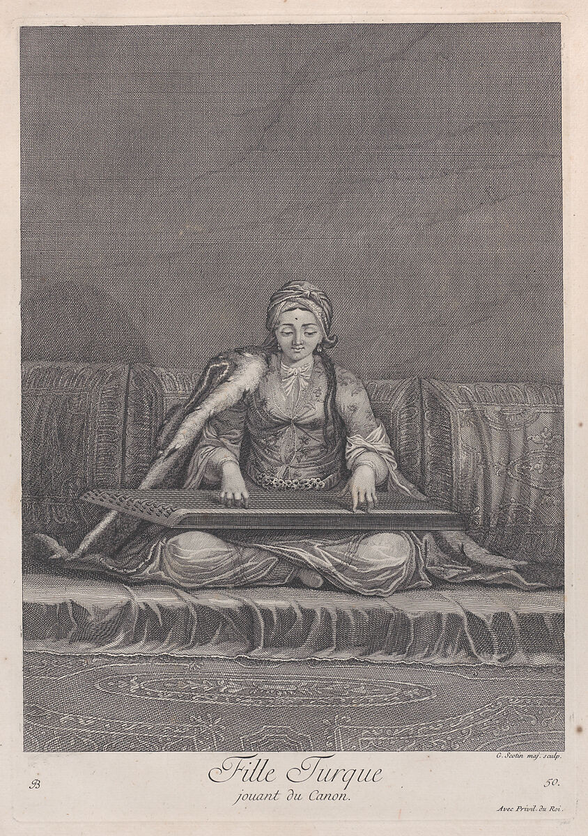 Fille Turque, jouant du Canon, plate 50 from "Recueil de cent estampes représentent differentes nations du Levant", After Jean Baptiste Vanmour (French, Valenciennes 1671–1737 Istanbul (Constantinople)), Etching and engraving 