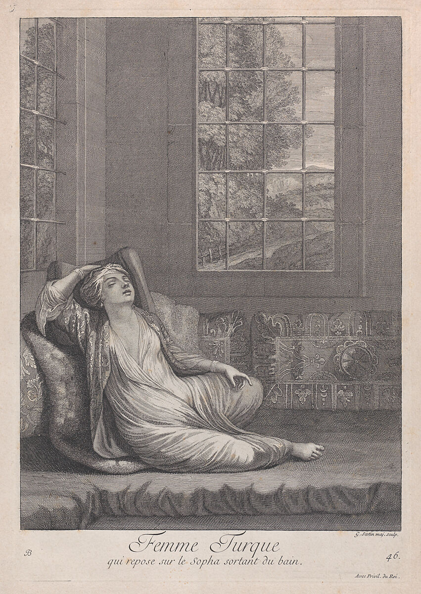 Femme Turque, qui repose sur le Sopha sortant du bain, plate 46 from "Recueil de cent estampes représentent differentes nations du Levant", After Jean Baptiste Vanmour (French, Valenciennes 1671–1737 Istanbul (Constantinople)), Engraving 