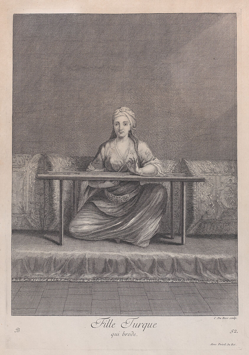 Fille Turque, qui brode, plate 52 from "Recueil de cent estampes représentent differentes nations du Levant", After Jean Baptiste Vanmour (French, Valenciennes 1671–1737 Istanbul (Constantinople)), Etching and engraving 