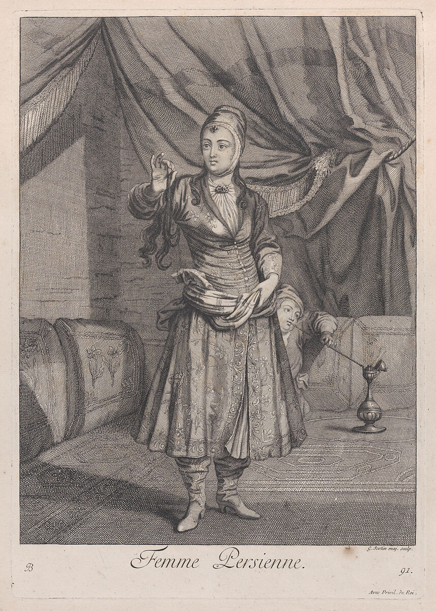 Femme Persienne, plate 91 from "Recueil de cent estampes représentent differentes nations du Levant", After Jean Baptiste Vanmour (French, Valenciennes 1671–1737 Istanbul (Constantinople)), Etching and engraving 