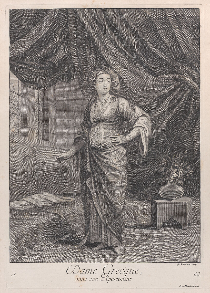 Dame Grecque, dans son Apartement, plate 68 from "Recueil de cent estampes représentent differentes nations du Levant", After Jean Baptiste Vanmour (French, Valenciennes 1671–1737 Istanbul (Constantinople)), Etching and engraving 