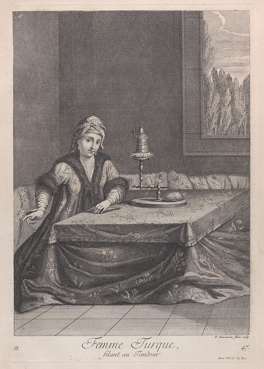 Femme Turque, filant au Tandour, plate 47 from "Recueil de cent estampes représentent differentes nations du Levant", After Jean Baptiste Vanmour (French, Valenciennes 1671–1737 Istanbul (Constantinople)), Etching and engraving 