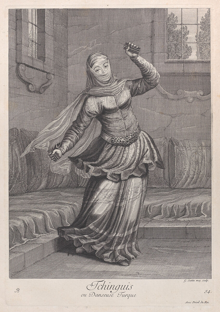 Tchinguis, ou Danseuse Turque, plate 54 from "Recueil de cent estampes représentent differentes nations du Levant", After Jean Baptiste Vanmour (French, Valenciennes 1671–1737 Istanbul (Constantinople)), Etching and engraving 