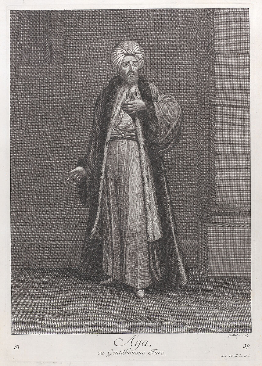 Aga, ou Gentilhomme Turc, plate 39 from "Recueil de cent estampes représentent differentes nations du Levant", After Jean Baptiste Vanmour (French, Valenciennes 1671–1737 Istanbul (Constantinople)), Etching and engraving 