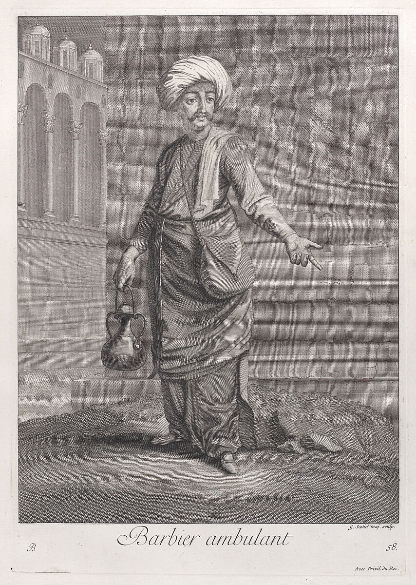 Barbier ambulant, plate 58 from "Recueil de cent estampes représentent differentes nations du Levant", After Jean Baptiste Vanmour (French, Valenciennes 1671–1737 Istanbul (Constantinople)), Etching and engraving 