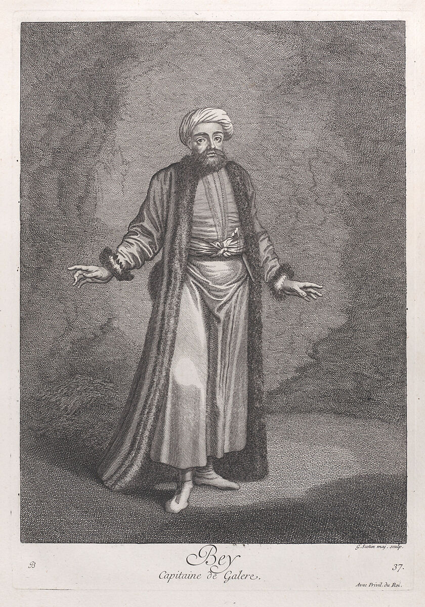 Bey, Capitaine de Galere, plate 37 from "Recueil de cent estampes représentent differentes nations du Levant", After Jean Baptiste Vanmour (French, Valenciennes 1671–1737 Istanbul (Constantinople)), Etching and engraving 