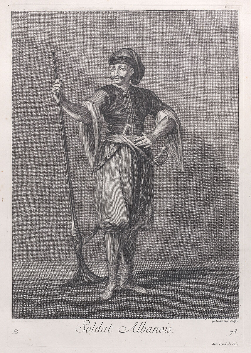 Soldat Albanois, plate 78 from "Recueil de cent estampes représentent differentes nations du Levant", After Jean Baptiste Vanmour (French, Valenciennes 1671–1737 Istanbul (Constantinople)), Etching and engraving 