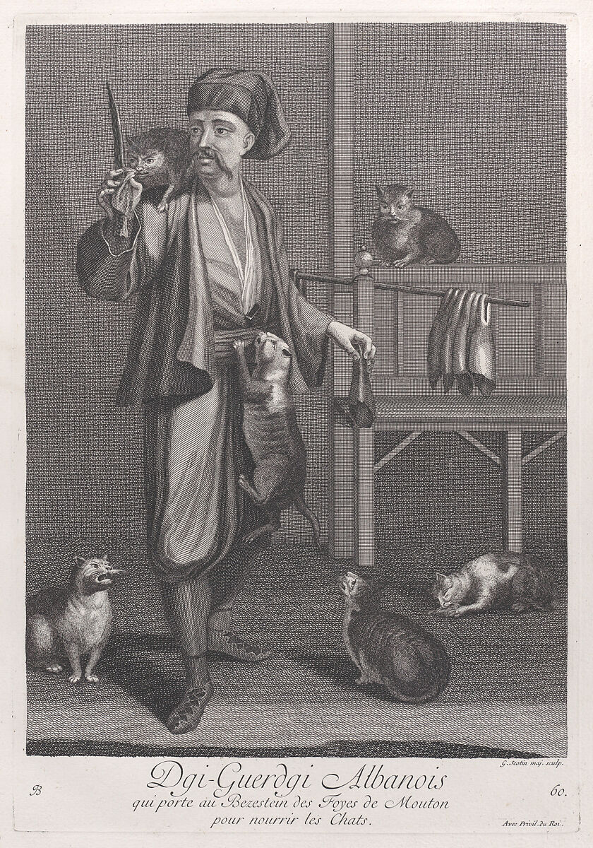 Dgi-Guerdgi Albanois, qui porte au Bezestein des Foyes de Mouton pour nourrir les Chats, plate 60 from "Recueil de cent estampes représentent differentes nations du Levant", After Jean Baptiste Vanmour (French, Valenciennes 1671–1737 Istanbul (Constantinople)), Etching and engraving 