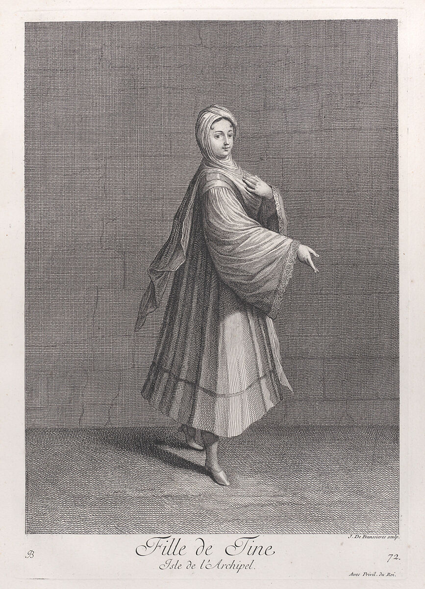 Fille de Tine, Isle de l'Archipel, plate 72 from "Recueil de cent estampes représentent differentes nations du Levant", After Jean Baptiste Vanmour (French, Valenciennes 1671–1737 Istanbul (Constantinople)), Etching and engraving 