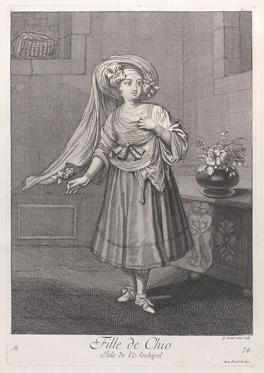 Fille de Chio, Isle de l'Archipel, plate 74 from "Recueil de cent estampes représentent differentes nations du Levant", After Jean Baptiste Vanmour (French, Valenciennes 1671–1737 Istanbul (Constantinople)), Etching and engraving 