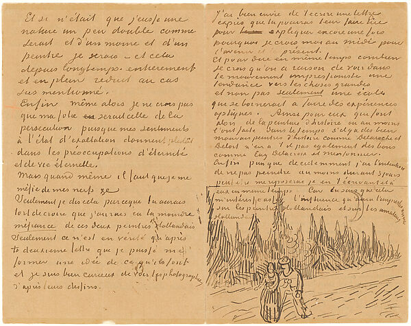 Illustrated Letter to Theo van Gogh (Row of Cypresses with a Couple Strolling ["The Poet's Garden"]), Vincent van Gogh (Dutch, Zundert 1853–1890 Auvers-sur-Oise), Pen and ink on paper 