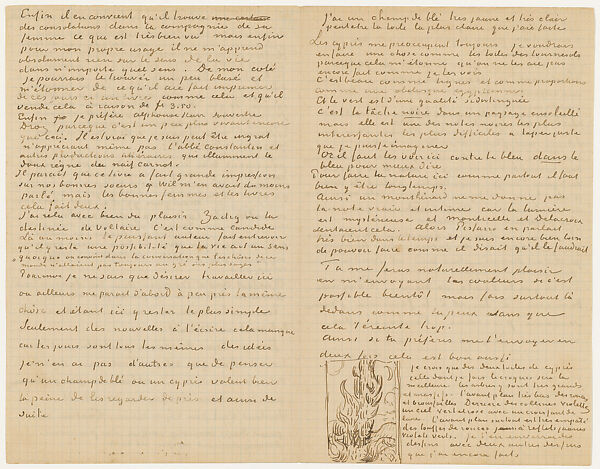 Illustrated Letter to Theo van Gogh (Cypresses), Vincent van Gogh (Dutch, Zundert 1853–1890 Auvers-sur-Oise), Pen and ink on paper 