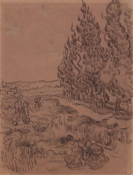 Cypresses with Four People Working in the Field, Vincent van Gogh (Dutch, Zundert 1853–1890 Auvers-sur-Oise), Chalk on paper 