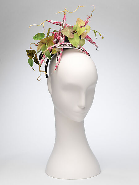 "Borlotti Bean" Headpiece, Deirdre Hawken (British, born Reading, 1945), silk, metal, leather, cotton, plastic (epoxy resin), British 