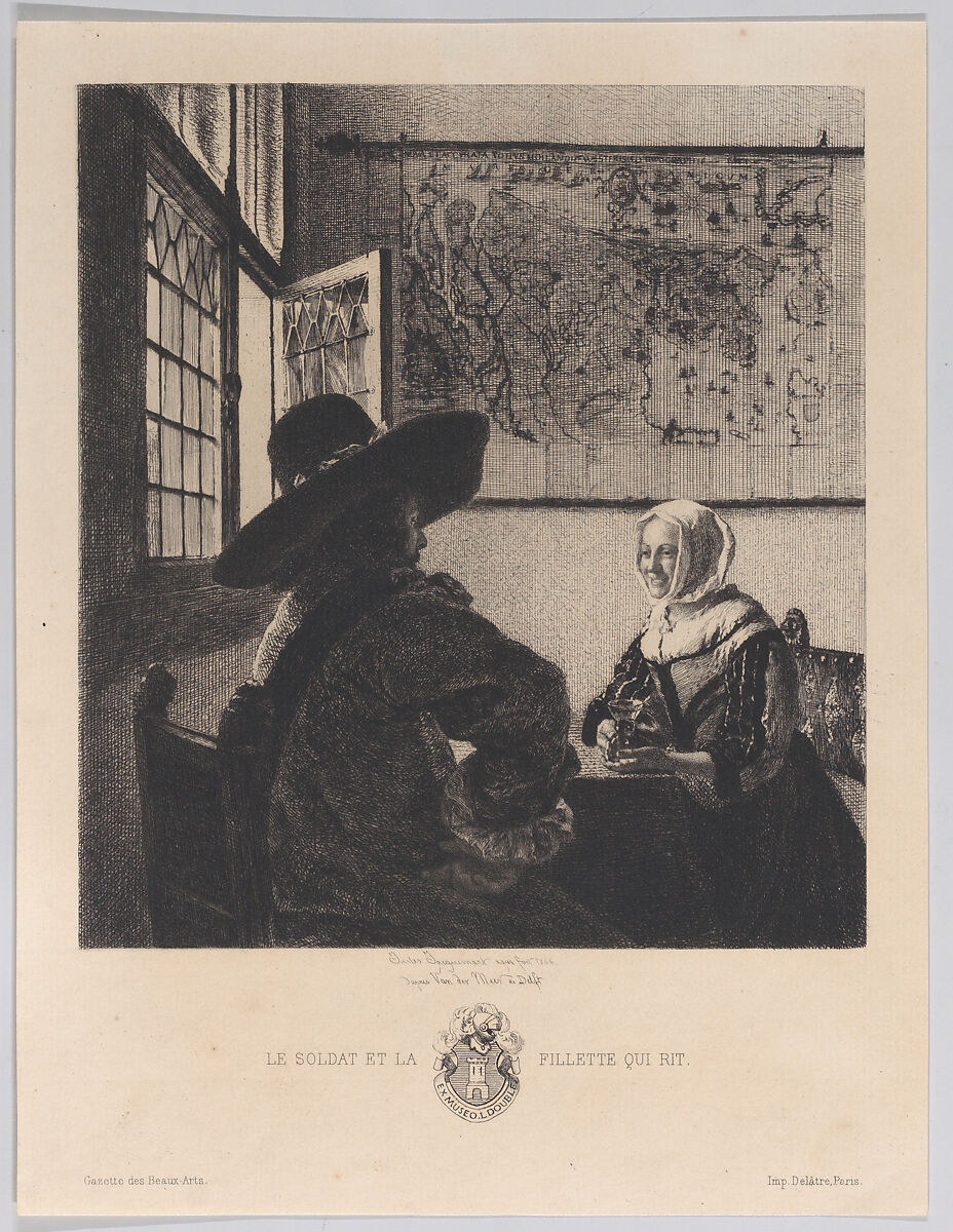 Officer and Laughing Girl, after Vermeer, Jules-Ferdinand Jacquemart (French, Paris 1837–1880 Paris), Etching; fifth state of six (Gonse) 