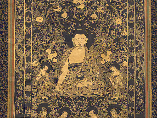 Śikhin, one of the Buddhas of the past, Unidentified artists (late 18th century), Gold on indigo-dyed paper, China