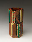 Hexagonal flower vase, Hamada Shōji (Japanese, 1894–1978), Stoneware with persimmon glaze and polychrome overglaze enamels, Japan