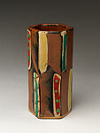 Hexagonal flower vase, Hamada Shōji (Japanese, 1894–1978), Stoneware with persimmon glaze and polychrome overglaze enamels, Japan