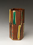Hexagonal flower vase, Hamada Shōji (Japanese, 1894–1978), Stoneware with persimmon glaze and polychrome overglaze enamels, Japan
