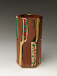 Hexagonal flower vase, Hamada Shōji (Japanese, 1894–1978), Stoneware with persimmon glaze and polychrome overglaze enamels, Japan