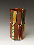 Hexagonal flower vase, Hamada Shōji (Japanese, 1894–1978), Stoneware with persimmon glaze and polychrome overglaze enamels, Japan