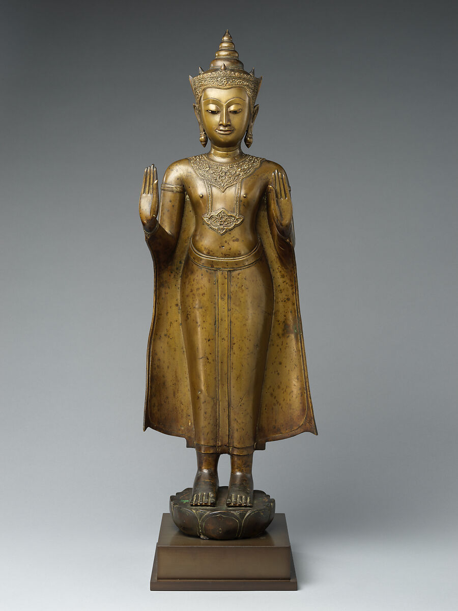 Standing Crowned Buddha gesturing protection, Bronze, Thailand, Ayutthaya or Bangkok 