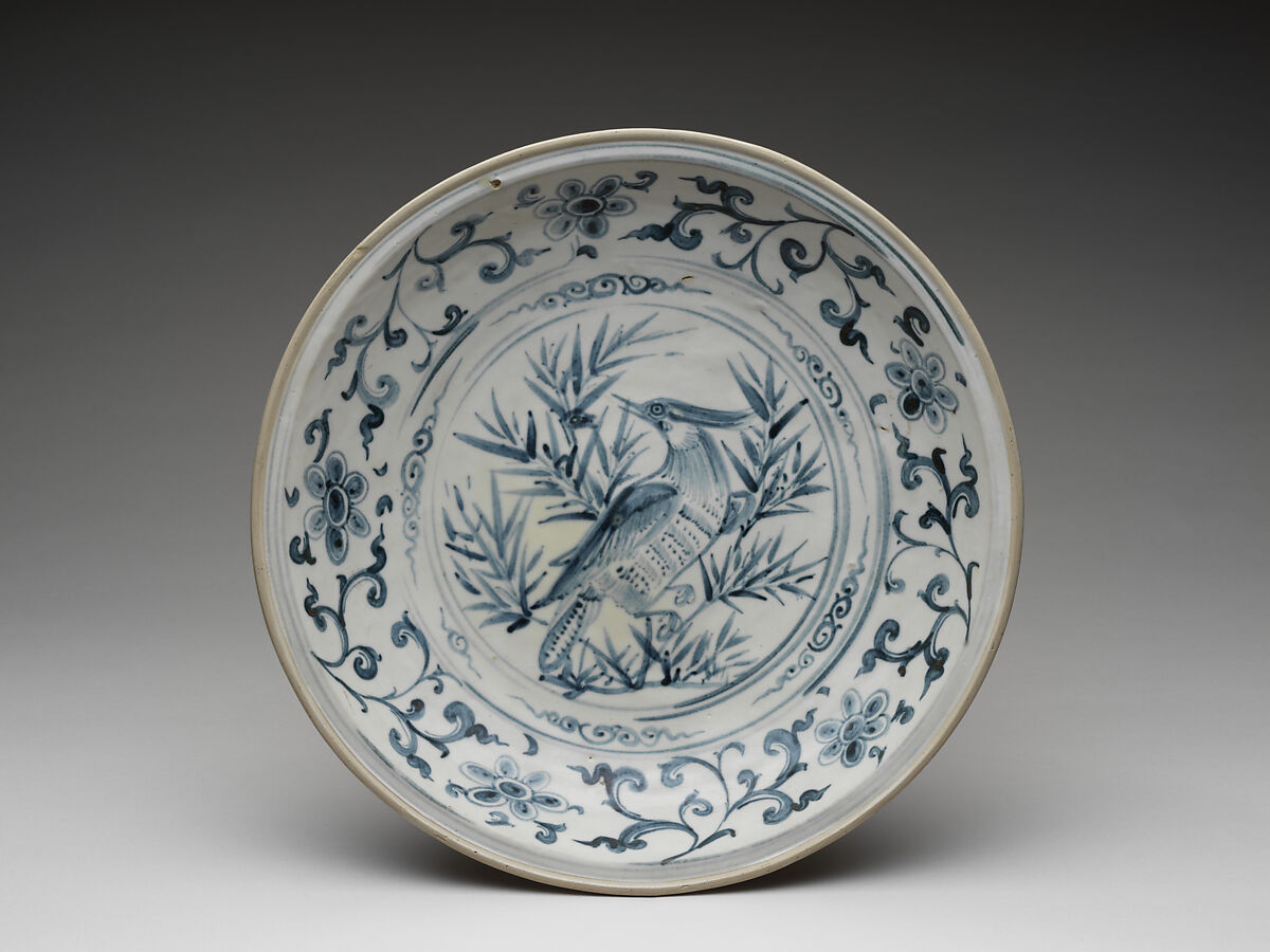 Dish with bird amid  bamboo design and foliate meander on cavetto, Stoneware painted with cobalt blue under a transparent glaze, Vietnam, probably Hai D’uong Province 