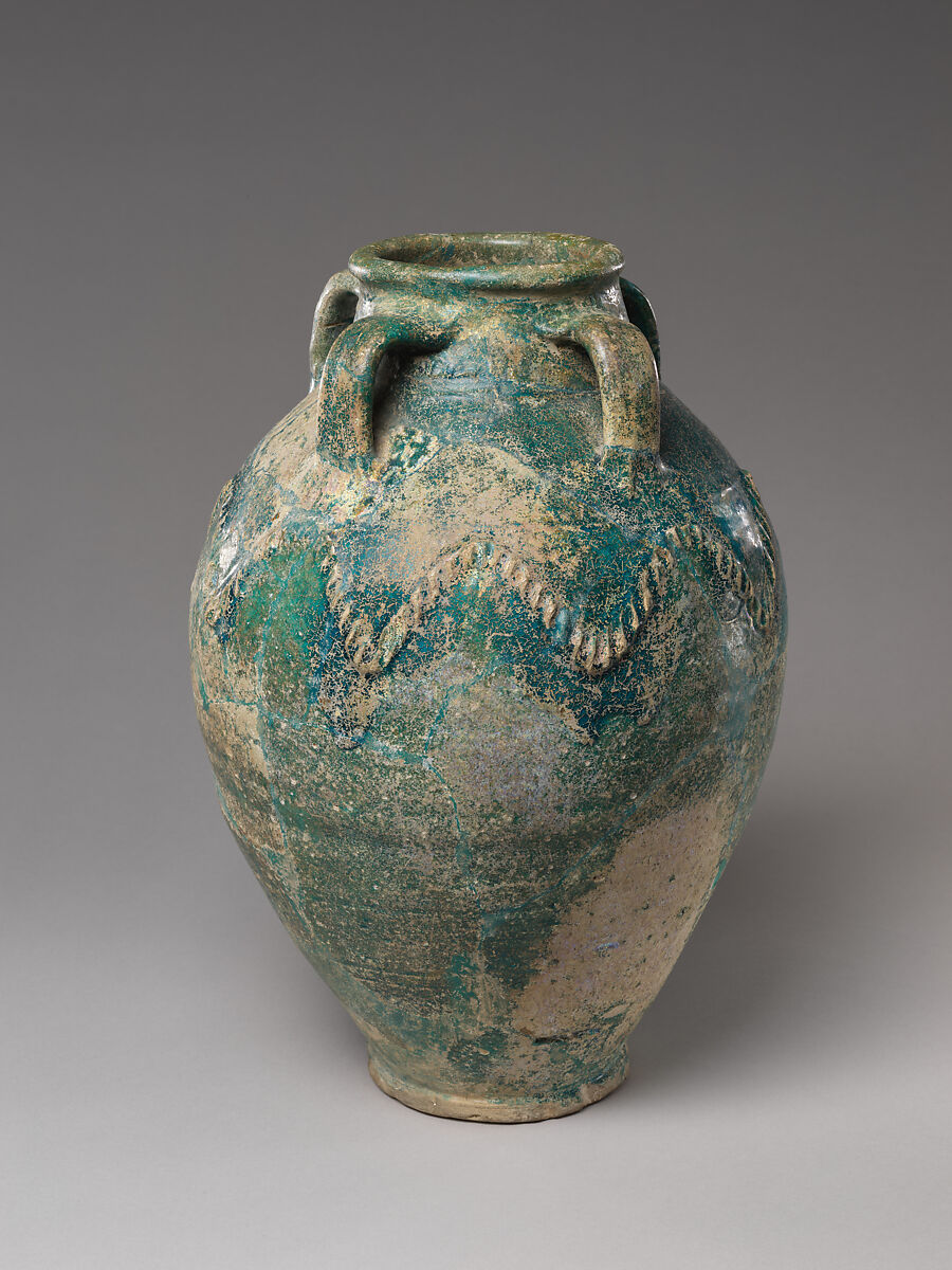 Four handled storage jar with rope-pattern design, Earthenware with turquoise glaze, Iraq or Iran, Persian Gulf