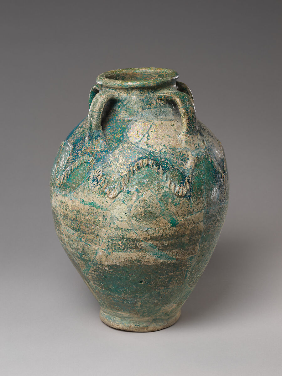Four handled storage jar with rope-pattern design, Earthenware with turquoise glaze, Iraq or Iran, Persian Gulf